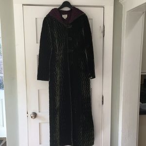 Kathryn Dianos Dark Green Velvet and Silk Dress Coat with Hood- Size M